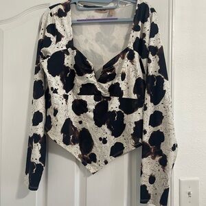 Buckle Cow Print Asymmetrical Cream Blouse with Notched Collar